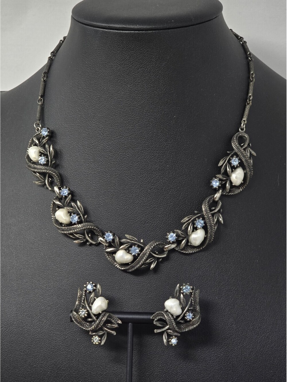 Vintage Coro Faux Pearl Blue Rhinestone Necklace Earring Set